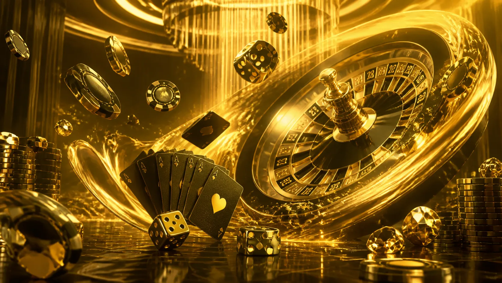 Art-deco luxury casino theme with elegant patterns and metallic finishes, combining poker chips, playing cards, and roulette